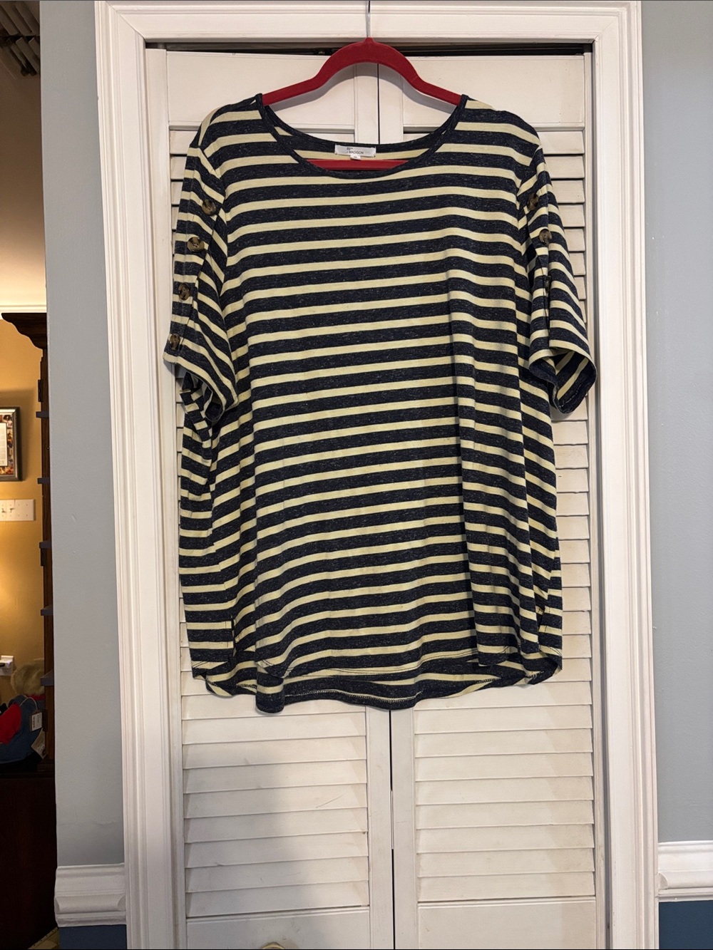 Navy and Pale Yellow Striped Button Sleeve Top